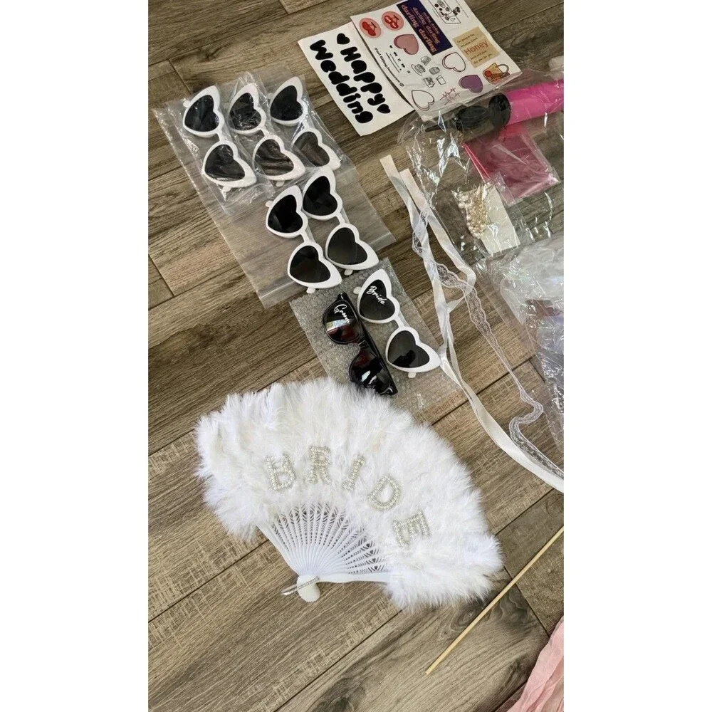 Wedding bundle lot of 17 sunglasses, table runners, butterfly decor, bride fan,